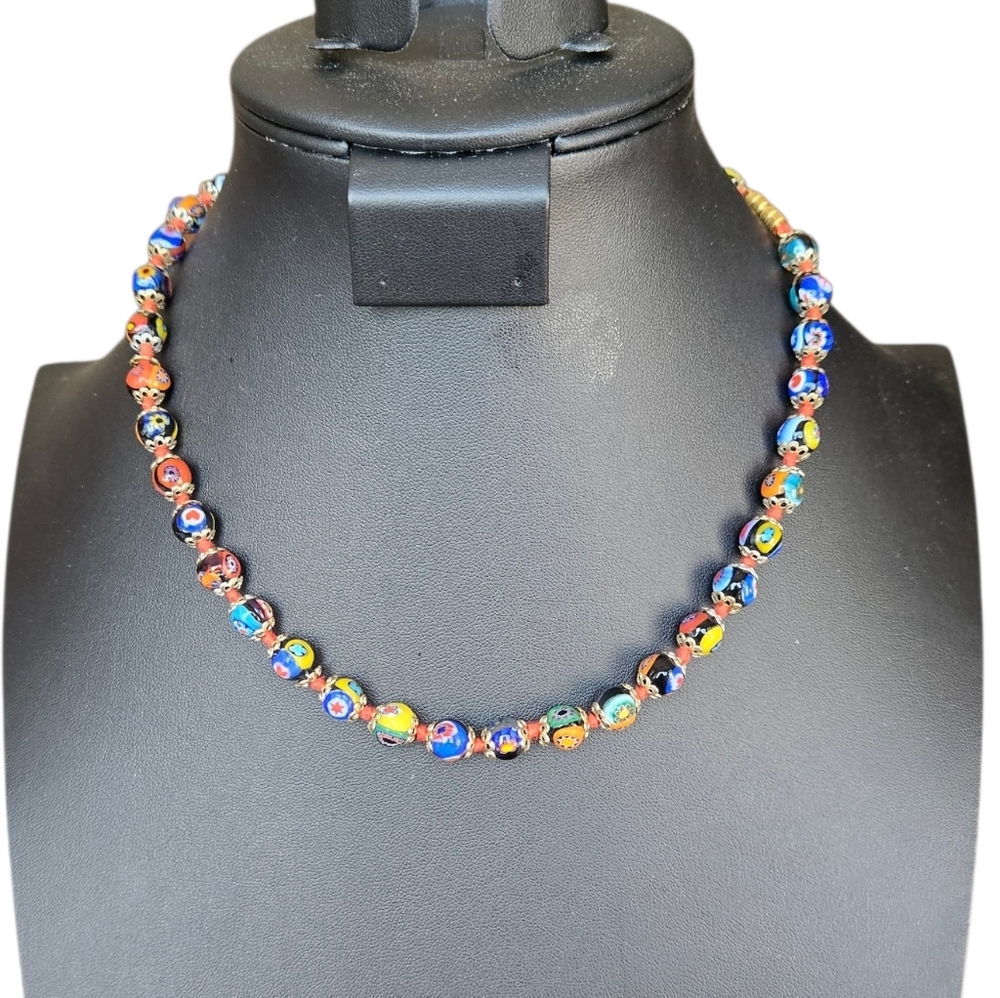 Vintage Millefiori Murano Glass Bead Necklace 17"